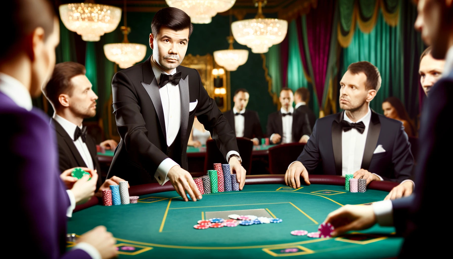 Croupier qui distribue les jetons de poker à des joueurs autour d'une table